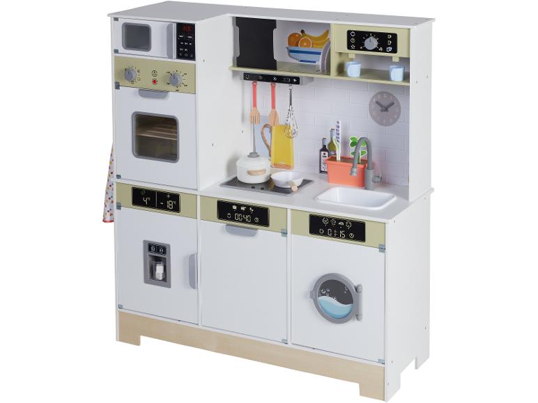 Weiße Holzküche zum Spielen mit Backofen, Mikrowelle, Geschirrspüler und Waschmaschine.