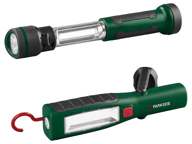 Zwei Parkside Arbeitsleuchten, eine Stablampe und eine mit Haken und Magnetfuß.