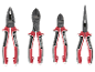 Vier Zangentypen: Kombizange, Seitenschneider, Flachzange und Spitzzange, alle mit rot-schwarzen Griffen.