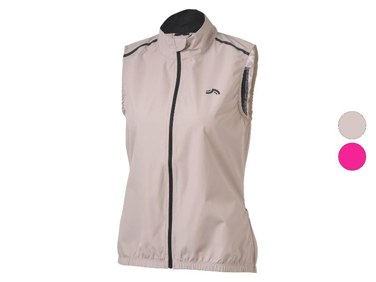 Beige Sportweste mit schwarzem Reißverschluss und Details, mit Farbmustern.