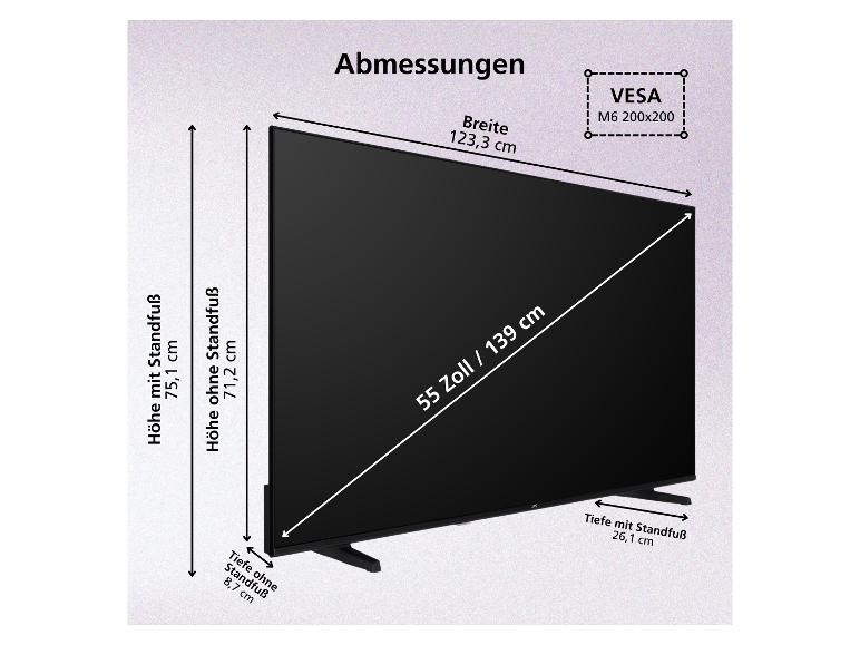 Abmessungen des 55-Zoll-Fernsehers mit und ohne Standfuß, einschließlich Höhe, Breite und Tiefe.