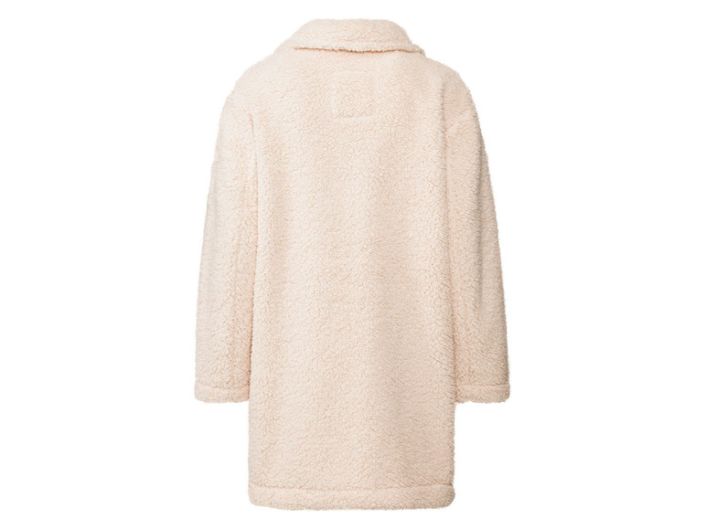 Beigefarbener Wollmantel mit langen Ärmeln.