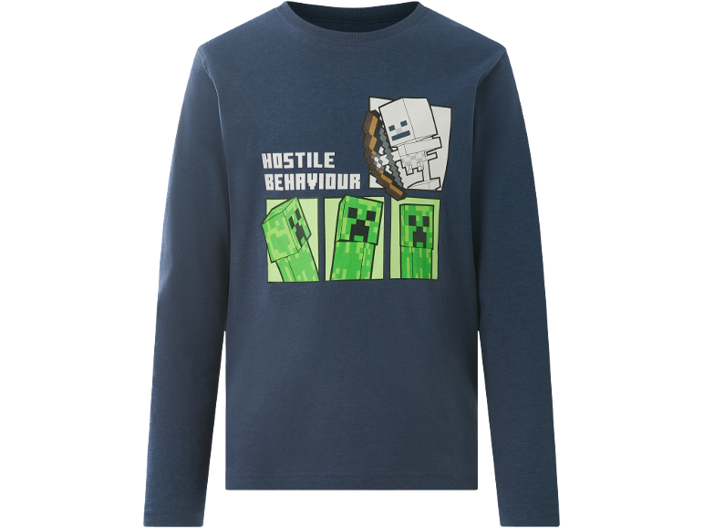 Langärmeliges blaues Shirt mit Minecraft-Grafik und dem Text 'Hostile Behaviour'.