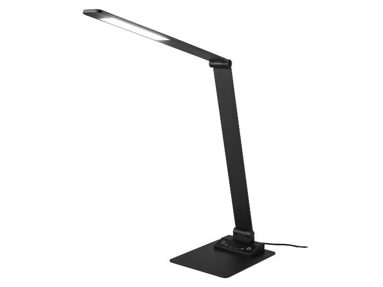Schwarze LED-Schreibtischlampe mit verstellbarem Arm und Touch-Bedienfeld am Sockel.