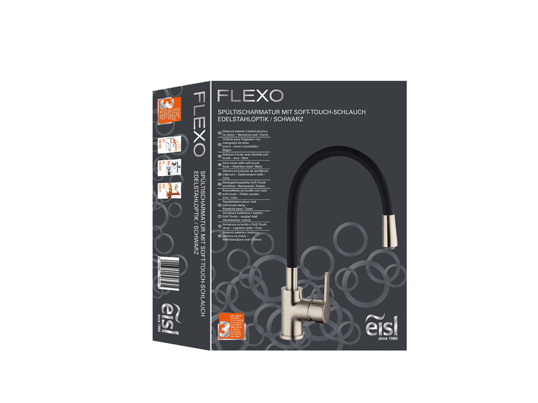 Eine schwarze Küchenarmatur mit flexiblem Schlauch, in Eisl Edelstahl-Optik