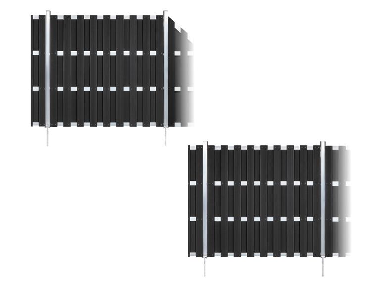 Zwei schwarze Gartenzäune mit Aluminiumpfosten und Querstreben.