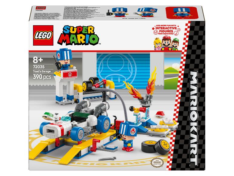 LEGO Super Mario Toads Garage Set mit 390 Teilen und Mario Kart Thema.