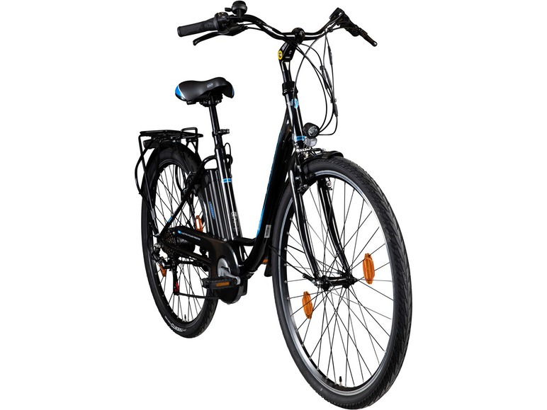Ein schwarzes E-Bike mit blauen Akzenten.