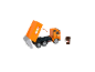 Klein Mercedes-Benz Spielzeug-Müllwagen in Orange mit brauner Mülltonne.