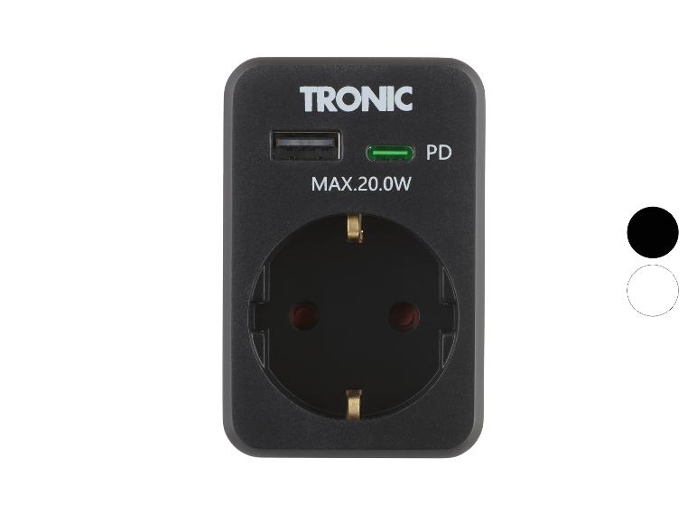 Schwarzes Netzladegerät mit USB-Anschluss und Steckdose, mit der Aufschrift MAX.20.0W und PD.