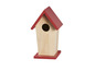 Ein Holz-Vogelhaus mit rotem Dach.