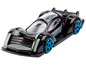 Ein schwarzer Hot Wheels Sportwagen mit blauen Rädern.