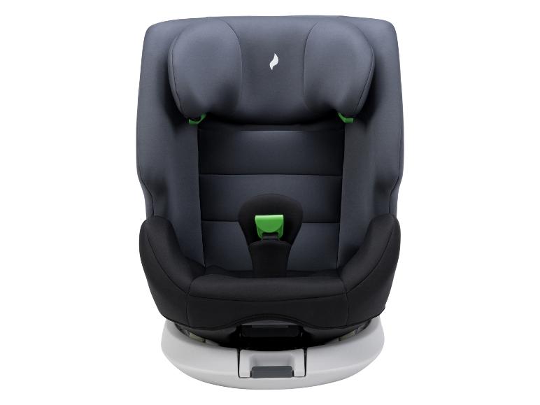 Grauer und schwarzer Kindersitz mit grünen Akzenten und weißer Basis.