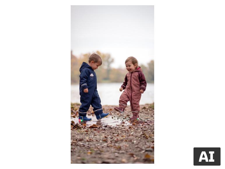 Zwei Kleinkinder in gefütterten LUPILU Matsch-Overalls spielen in einer Pfütze [KI-generiertes Bild]