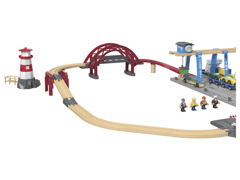 mit 3 Eisenbahn-Set Holz Stationen Containerhafen, Playtive