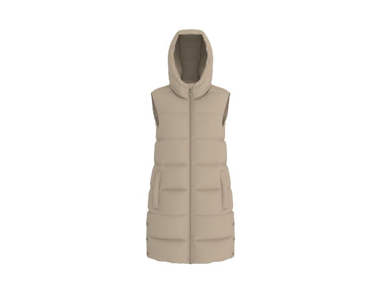Beige lange Steppweste mit Kapuze und Reißverschluss.