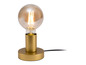 Goldfarbene Tischleuchte mit runder, gläserner Lampenschirm.