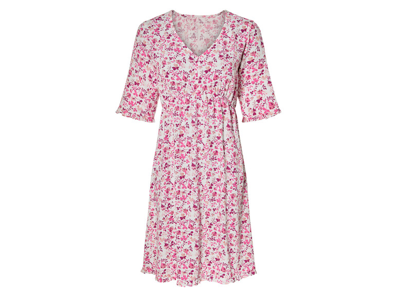 Ein weißes Midi-Kleid mit rosafarbenem Blumenmuster.