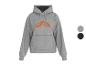 Grauer Hoodie mit orangefarbenem Muster auf der Brust, mit Farboptionen.