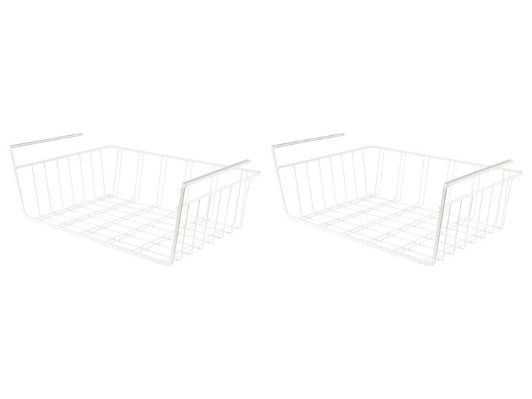 Zwei weiße Drahtkörbe mit Griffen zum Hängen unter einer Ablage.