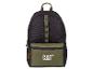 Schwarzer Rucksack mit grüner Vordertasche und weißem Logo