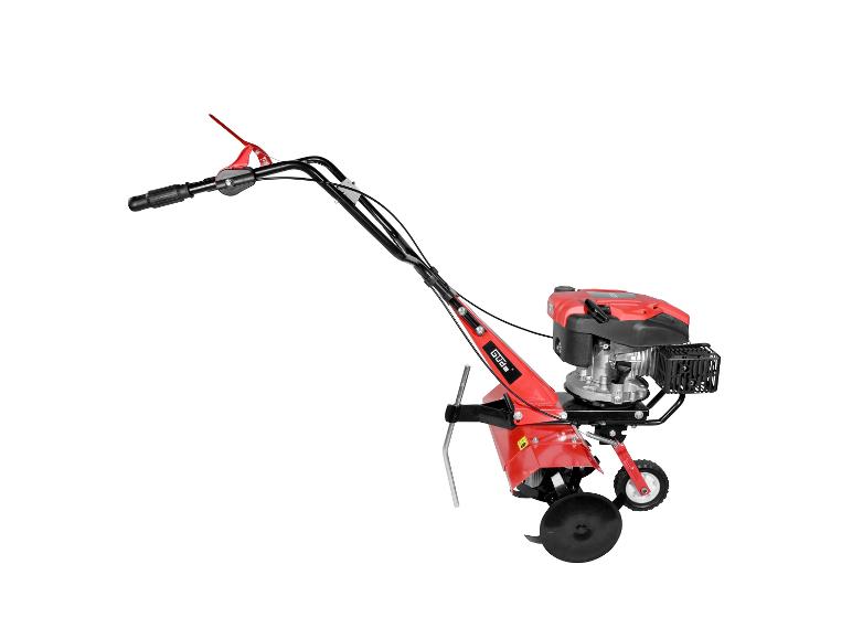 Rote und schwarze Motorhacke mit Benzinmotor und Rädern.