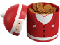 Weihnachtskeksdose in Form eines Weihnachtsmanns, gefüllt mit Schokoladenkeksen.