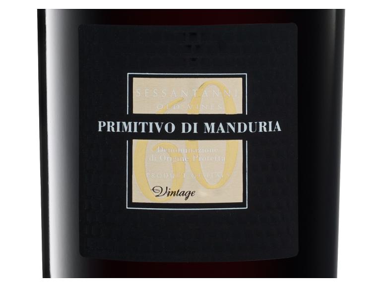 Flaschenetikett des Sessantanni Primitivo di Manduria Old Vines Weins.