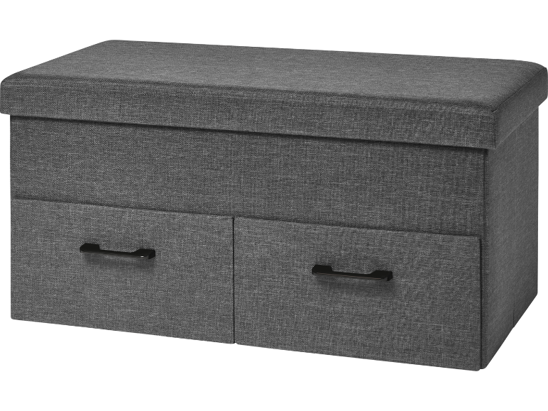Graue Aufbewahrungsbank mit zwei Schubladen und gepolstertem Deckel.