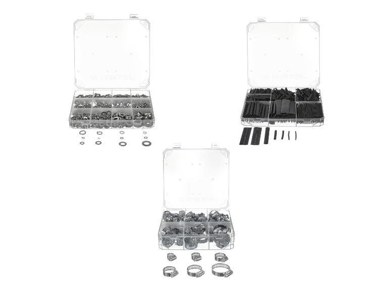 Drei transparente Boxen mit Unterlegscheiben, Schrumpfschläuchen und Schlauchschellen.