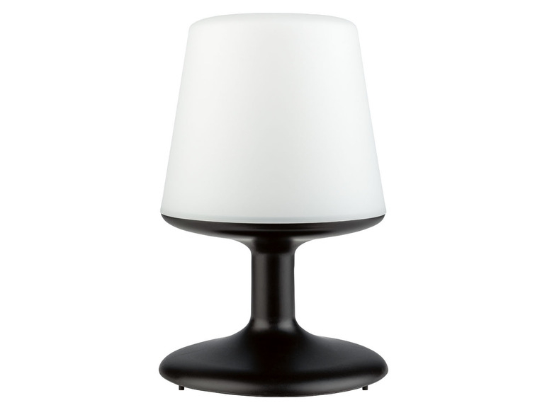 Eine schwarze Tischlampe mit weißem Lampenschirm.