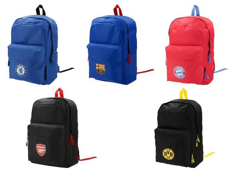 Sechs Fußballrucksäcke in verschiedenen Farben mit Teamlogos.