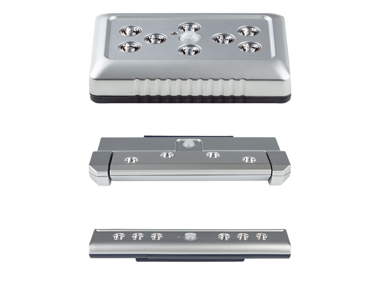 Drei silberne LED-Lichtleisten mit Bewegungssensor.