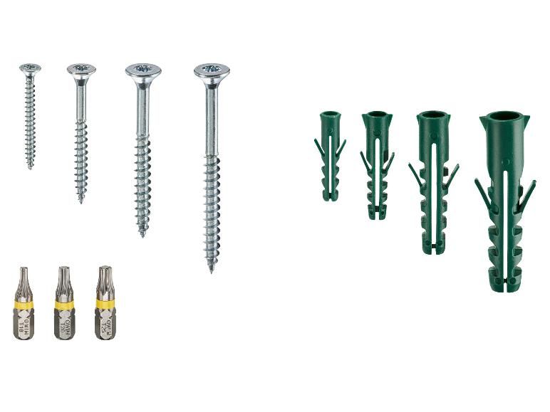 Set aus Schrauben, Dübeln und OWIM T10, T20, T25 Bits.