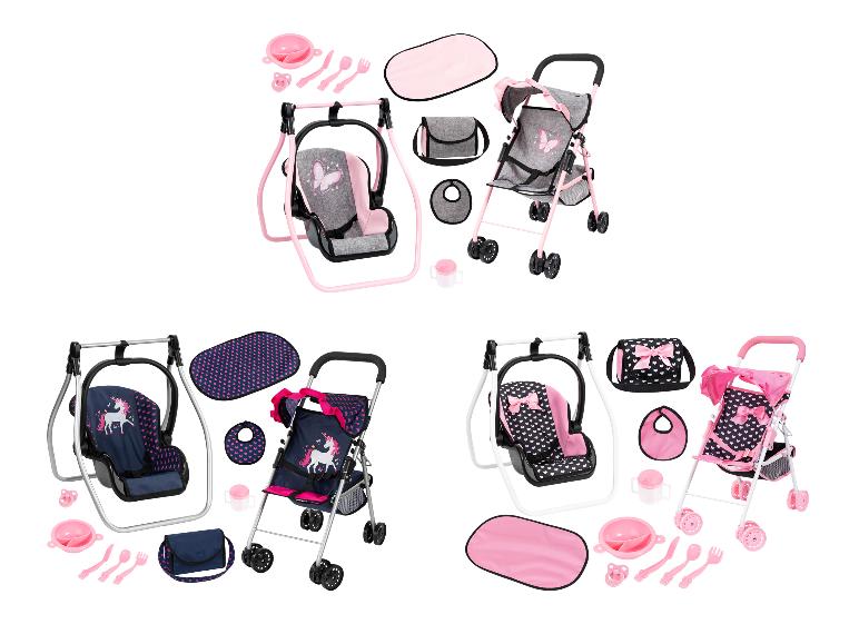 Drei BAYER DESIGN Puppenwagen-Sets in verschiedenen Designs.