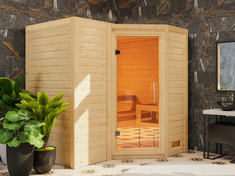 Gehe zu Vollbildansicht: Karibu Indoor-Sauna »Aspby«, Eckeinstieg, 9 kW Ofen - Bild 98
