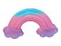 Ein regenbogenförmiges Badespielzeug in Rosa, Blau und Lila.