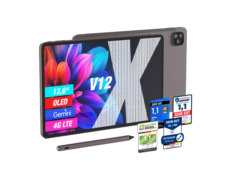 V12 12,6' OLED-Tablet mit Gemini und 4G LTE, Stift und Qualitätssiegeln.