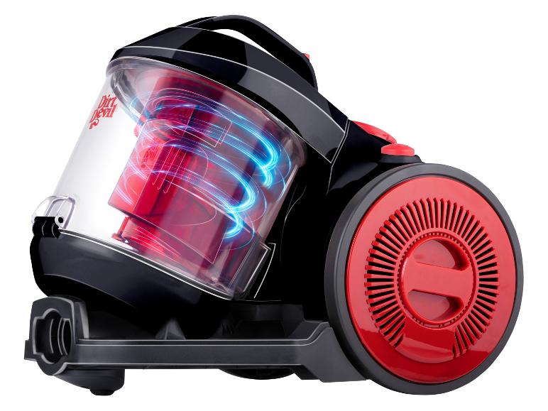 Ein schwarz-roter Dirt Devil Kanisterstaubsauger mit blauen Lichteffekten.