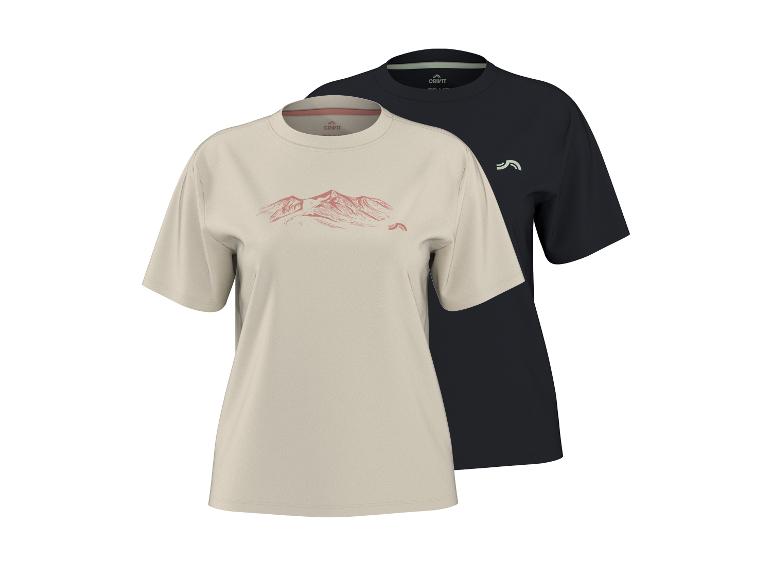 Zwei Kurzarm-T-Shirts, eines beige mit Bergmotiv und eines schlicht schwarz.