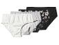 Set aus vier Damenunterhosen: weiß, grau, schwarz mit Blumen und einfarbig schwarz.