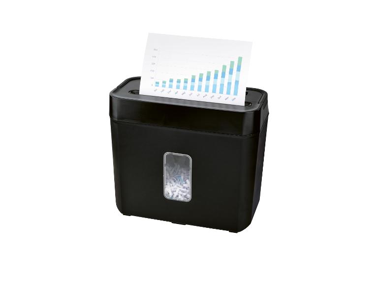 Schwarzer Aktenvernichter mit einem Blatt mit einer Grafik, das eingezogen wird.