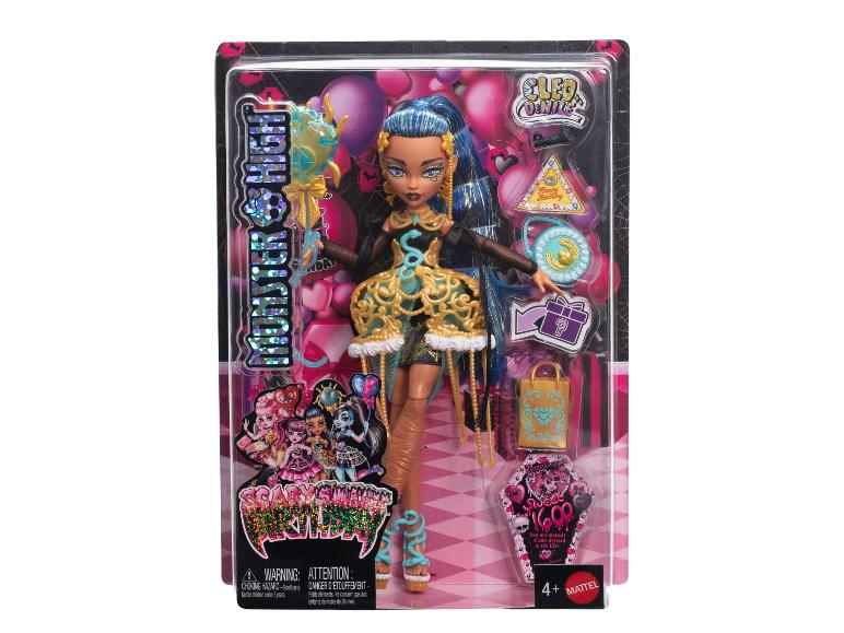 Monster High Cleo De Nile Puppe in Verpackung mit Zubehör und Geburtstagsthema.