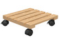 Ein Pflanzenständer aus Holz mit Rollen.