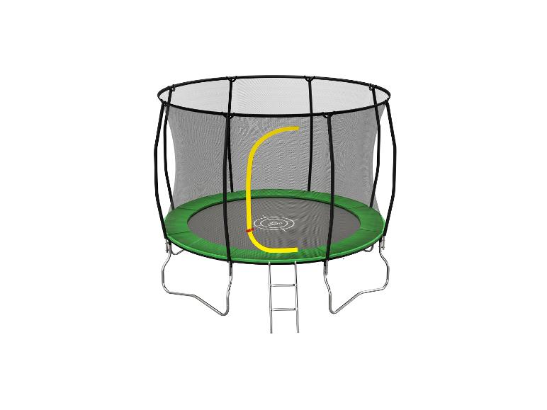 Grünes Trampolin mit Sicherheitsnetz und Leiter
