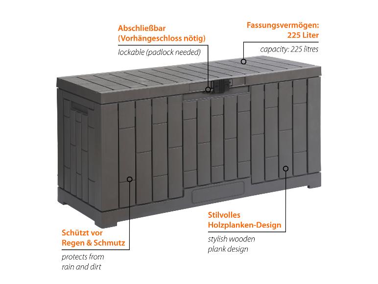 Dunkelgraue abschließbare Gartenbox mit 225 Liter Fassungsvermögen und Holzplanken-Design.
