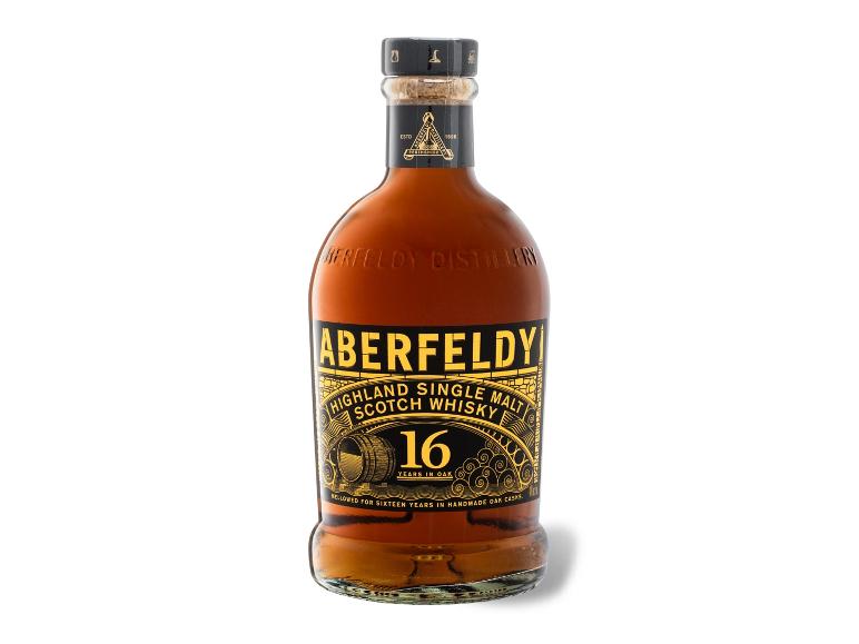 Eine Flasche 16 Jahre alter Single Malt Scotch Whisky mit schwarzem und goldenem Etikett.