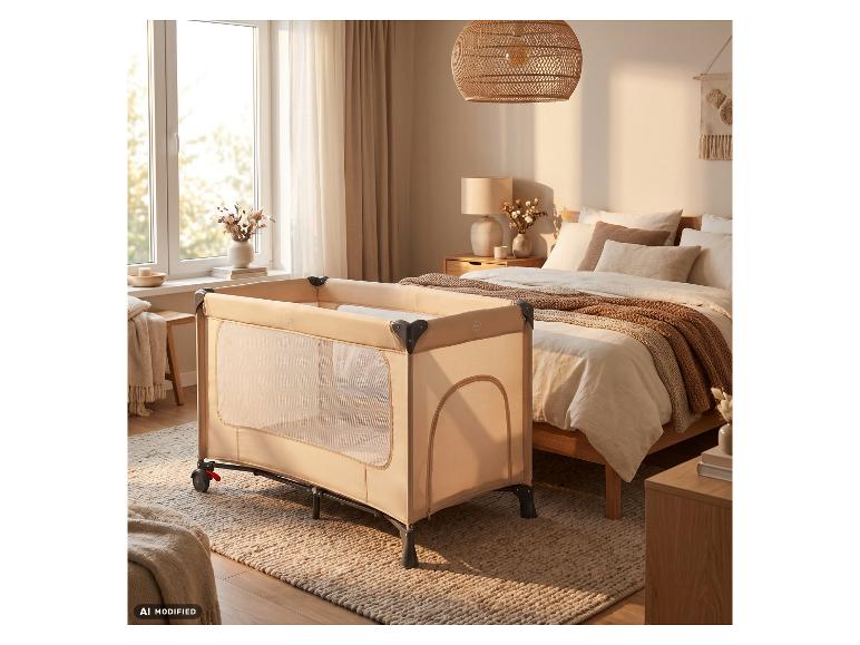 FILLIKID Reisebett «Paris» mit Komfortmatratze in einem Schlafzimmer.