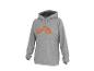 Grauer Kapuzenpullover mit orangefarbenem Logo auf der Vorderseite.