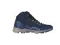 Ein dunkelblauer Wanderschuh mit Schnürsenkeln.